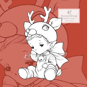 Reindeer Sprite - Aurora Wings Line Digital Stamp - Holiday Christmas Reindeer Baby Image - Fantasy Art Instant Download for Arts and Crafts