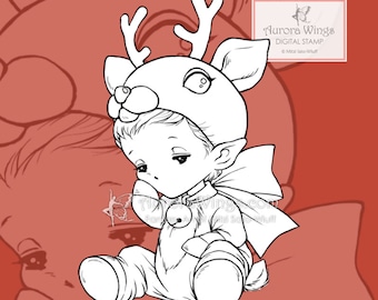 Reindeer Sprite - Aurora Wings Line Digital Stamp - Holiday Christmas Reindeer Baby Image - Fantasy Art Instant Download for Arts and Crafts
