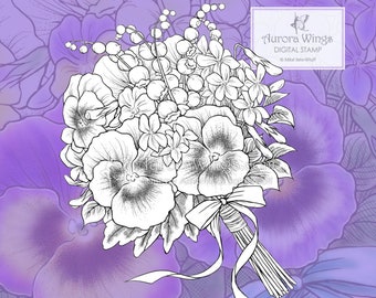 デジタルスタンプ - 春のポーズ - ぬり絵ページ - パンジーブーケの詳細な花の線画ぬり絵