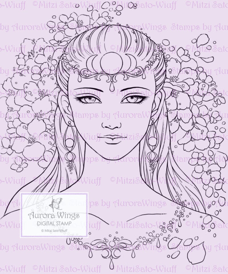 Digital Stamp Moon Goddess digistamp Elegant Divine Feminine with Flowers Fantasy Line Art for Cards & Crafts by Mitzi Sato-Wiuff image 2