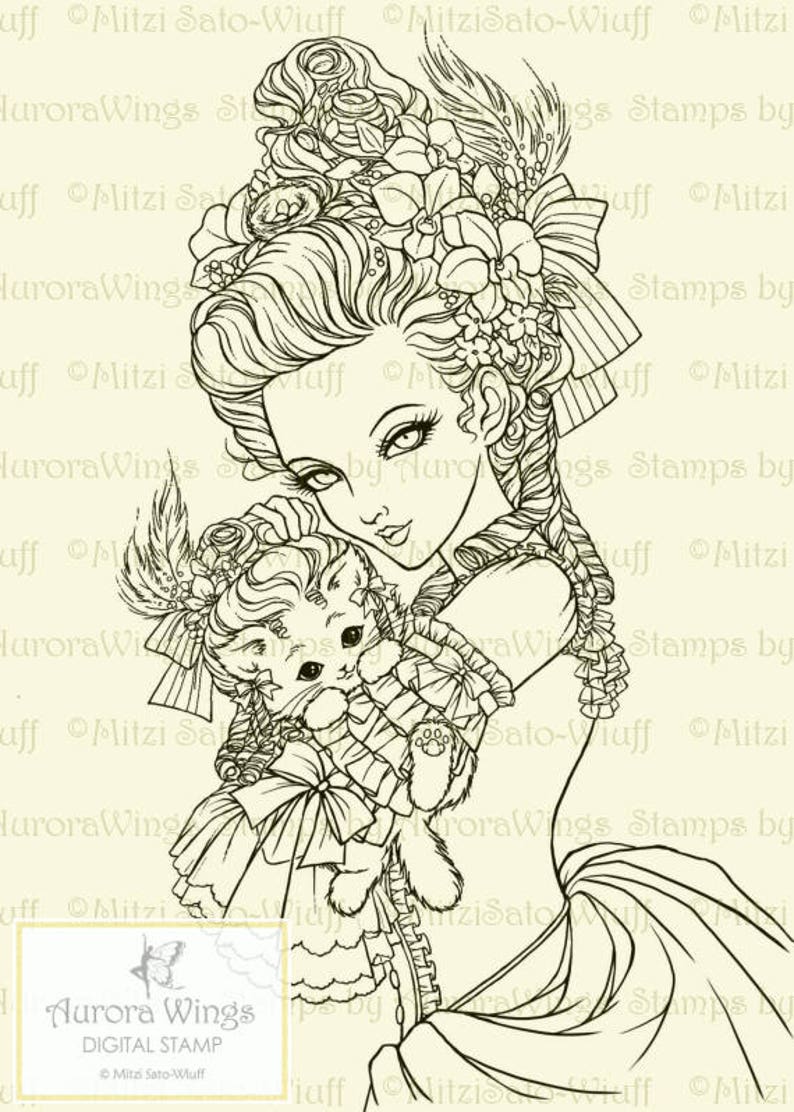 Digital Stamp Marie Nyantoinette Marie Antoinette Holding a Cat in a Wig Fantasy Line Art for Cards & Crafts by Mitzi Sato-Wiuff image 2