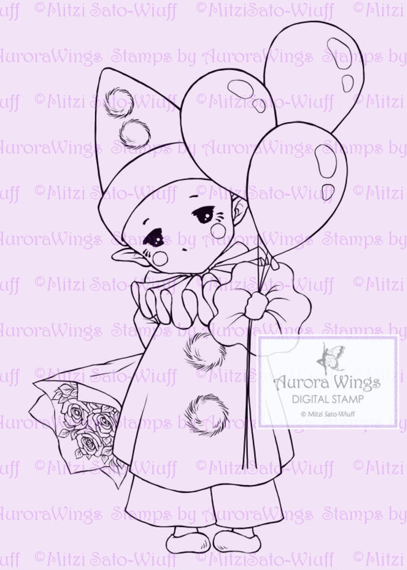 Happy Pierrot Sprite Aurora Wings Digital Stamp JPG and PNG Cute Clown with Balloons Line Art for Arts and Crafts by Mitzi Sato-Wiuff image 3
