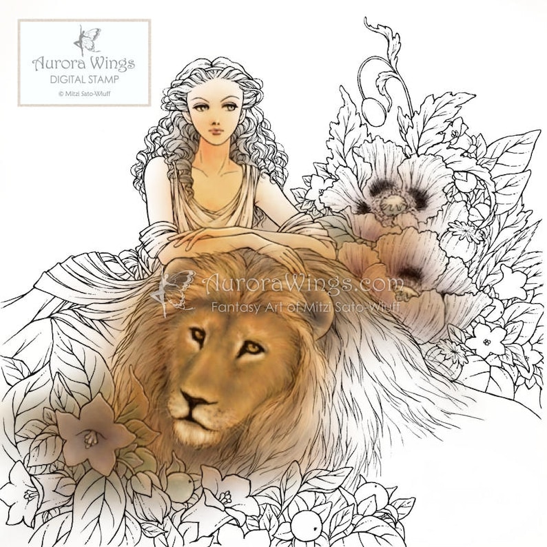 Digital Stamp Instant Download Greek Mythology Circe Lounging with Lion and Flowers digistamp Fantasy Line Art for Cards & Crafts image 1