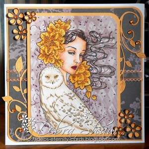 以下が含まれることがあります： 女性とフクロウのイラストが描かれた手作りのグリーティングカード。黄色い花で飾られています。カードはグレーとオレンジの色使いで、装飾的な花の要素と「Debra Shaw」のテキスト、ウェブサイトのアドレスが特徴です。