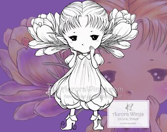 PNG and JPG Digital Stamp - Crocus Sprite - digistamp - Whimsical Flower Fairy - Fantasy Line Art for Cards & Crafts by Mitzi Sato-Wiuff