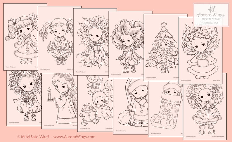 PDF Holiday Sprites Coloring Book volume 1 12 Christmas Elf Fairy Images to Color for All Ages Aurora Wings Art by Mitzi Sato-Wiuff image 2