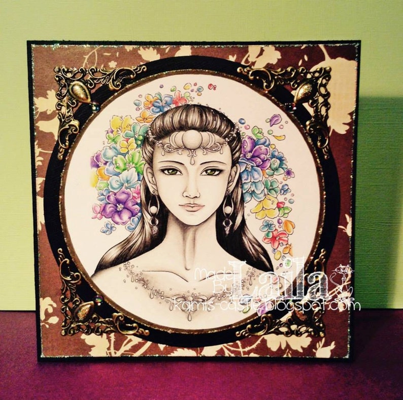 Digital Stamp Moon Goddess digistamp Elegant Divine Feminine with Flowers Fantasy Line Art for Cards & Crafts by Mitzi Sato-Wiuff image 4