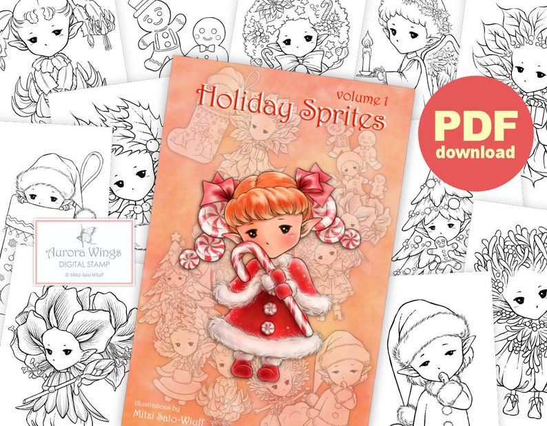 PDF Holiday Sprites Coloring Book volume 1 12 Christmas Elf Fairy Images to Color for All Ages Aurora Wings Art by Mitzi Sato-Wiuff image 1