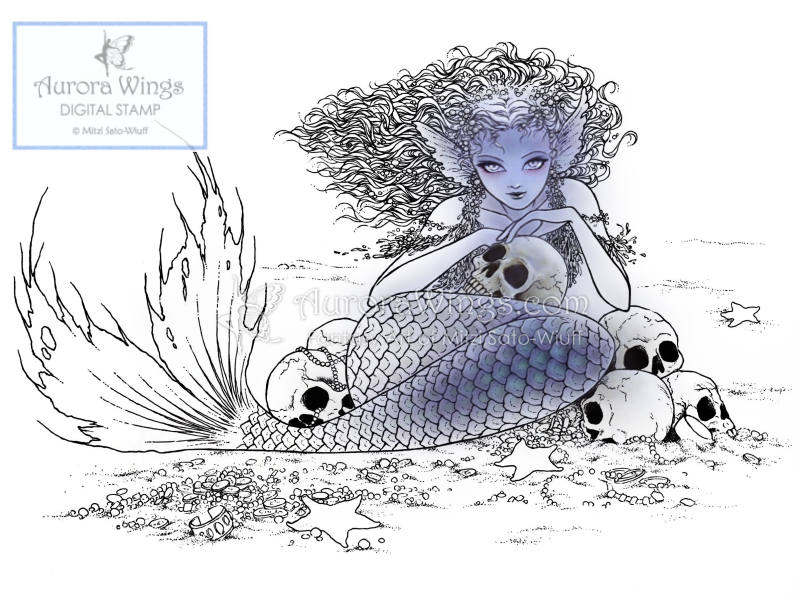 Digital Stamp - Evil Goth Mermaid w/ Skulls Horror - A Dark Undercurrent Full Version - Spooky Fantasy Line Art for Cards & Crafts