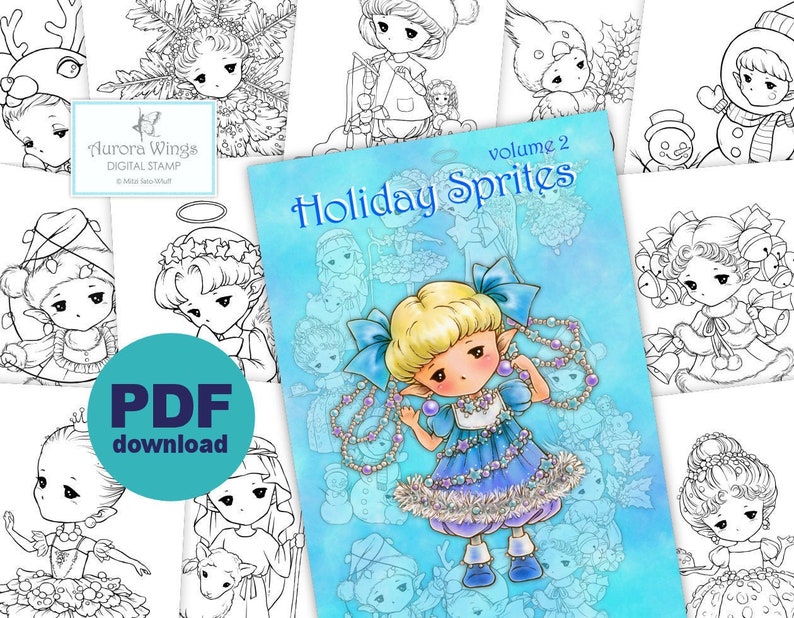 PDF Holiday Sprites Coloring Book Volume 2 12 Christmas Elf Fairy Images to Color for All Ages Aurora Wings Art by Mitzi Sato-Wiuff image 1