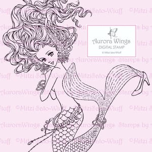 Digital Stamp Mermaid digistamp Blingy Mermaid Trying on High Heel Shoe Fantasy Line Art for Cards & Crafts by Mitzi Sato-Wiuff image 2