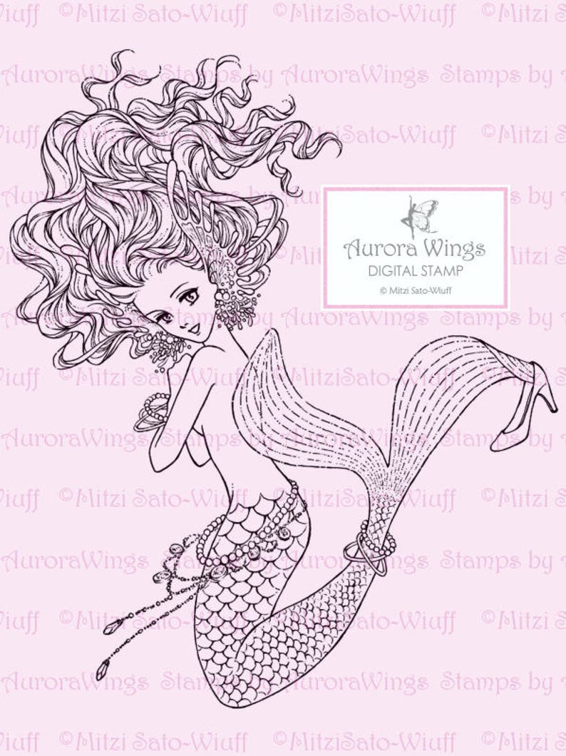 Digital Stamp Mermaid digistamp Blingy Mermaid Trying on High Heel Shoe Fantasy Line Art for Cards & Crafts by Mitzi Sato-Wiuff image 2