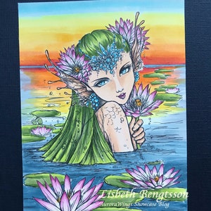 Digital Stamp Download Lotus Mermaid Mermaid in a Water Lily Pond Line Art for Arts and Crafts by Mitzi Sato-Wiuff AuroraWings image 3