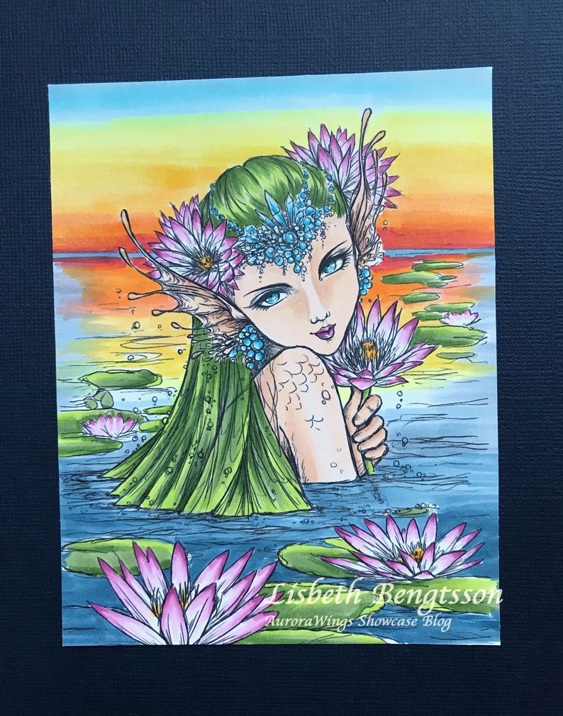 Digital Stamp Download Lotus Mermaid Mermaid in a Water Lily Pond Line Art for Arts and Crafts by Mitzi Sato-Wiuff AuroraWings image 3