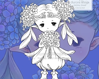 PNG and JPG Forget-Me-Not Sprite - Aurora Wings Digital Stamp - Cute Flower Fairy - Fantasy Line Art for Arts and Crafts by Mitzi Sato-Wiuff