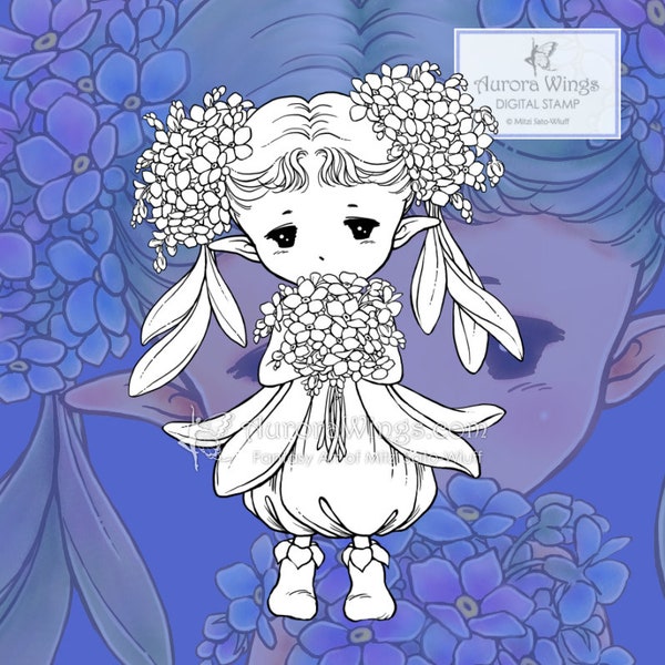 PNG and JPG Forget-Me-Not Sprite - Aurora Wings Digital Stamp - Cute Flower Fairy - Fantasy Line Art for Arts and Crafts by Mitzi Sato-Wiuff