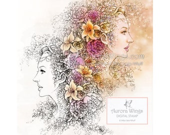 Adult Coloring Page - Line Art Digital Stamp Download - Gemini - Abundance Twins - Flower Fairy Fantasy Digital Stamp by Aurora Wings
