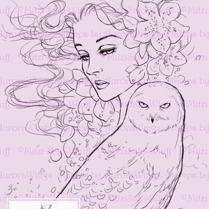 以下が含まれることがあります： 長い髪と花のアクセントを持つ女性とフクロウのデジタルスタンプイラスト。アートワークは線画スタイルで、左下隅に「Aurora Wings Digital Stamp」というテキストがあります。