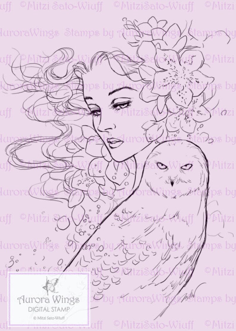 以下が含まれることがあります： 長い髪と花のアクセントを持つ女性とフクロウのデジタルスタンプイラスト。アートワークは線画スタイルで、左下隅に「Aurora Wings Digital Stamp」というテキストがあります。