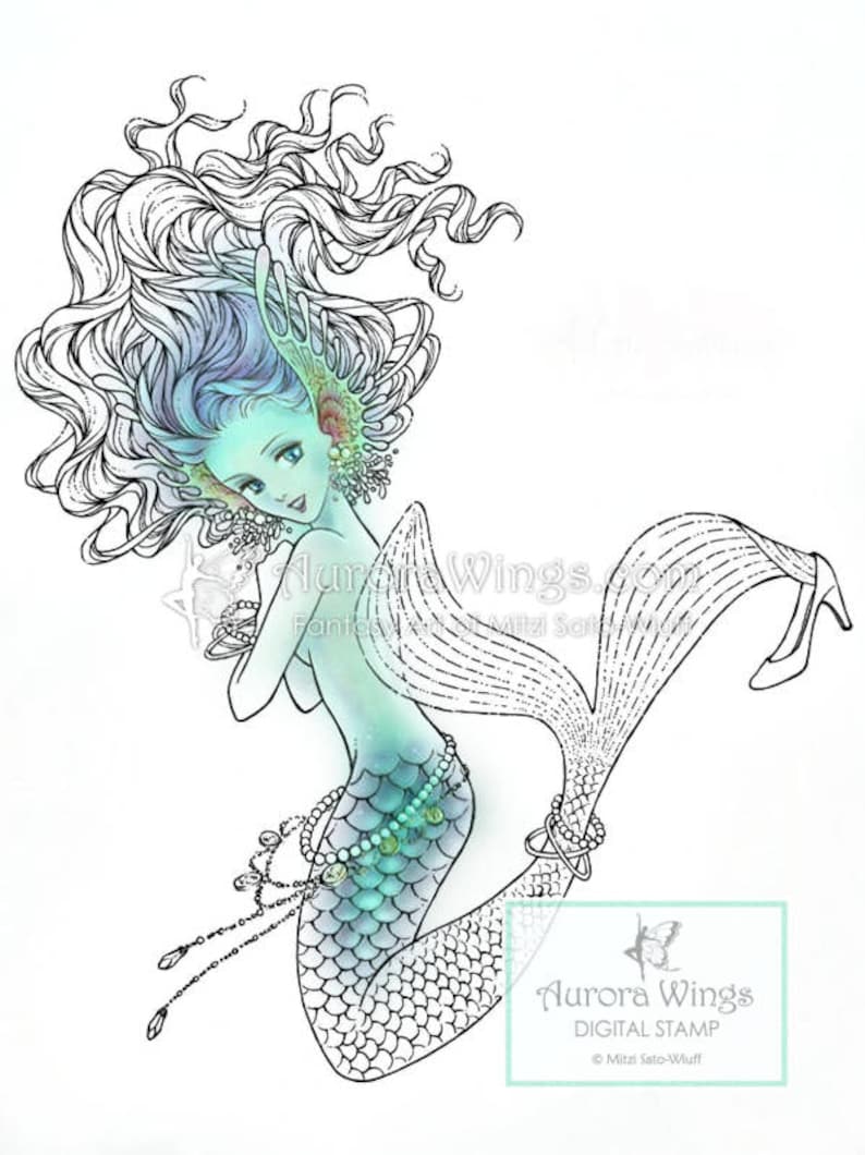 Digital Stamp Mermaid digistamp Blingy Mermaid Trying on High Heel Shoe Fantasy Line Art for Cards & Crafts by Mitzi Sato-Wiuff image 1