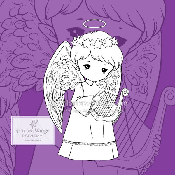 Harp Angel Sprite - Cute Christmas Holiday Angel - Digital Stamp JPG PNG - Coloring Page for All Ages - Aurora Wings