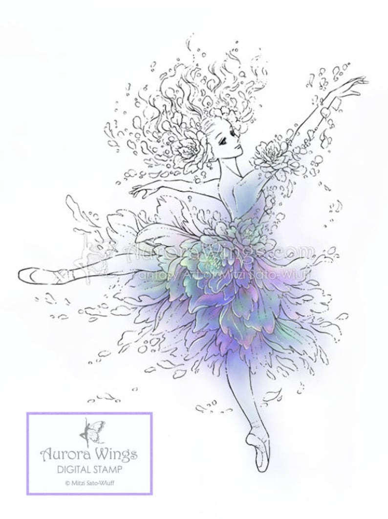 Digital Stamp Ballet Flower Ballerina Graceful Dancer in Floral Costume and Pointe Shoes Fantasy Line Art for Cards & Crafts image 1