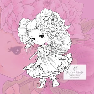 Peony Sprite PNG and JPG - Floral Elf with Blooms of Peony - Digital Stamp - Coloring Page - Fantasy Art of Mitzi Sato-Wiuff - Aurora Wings