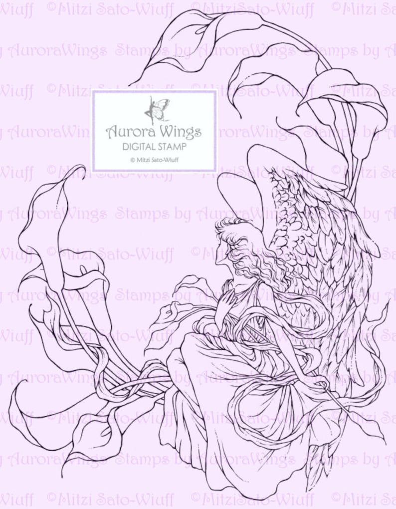 Fantasy Line Art for Cards /& Crafts Digital Stamp Instant Download Sympathy Angel with Calla Lilies digistamp Angel of Sympathy