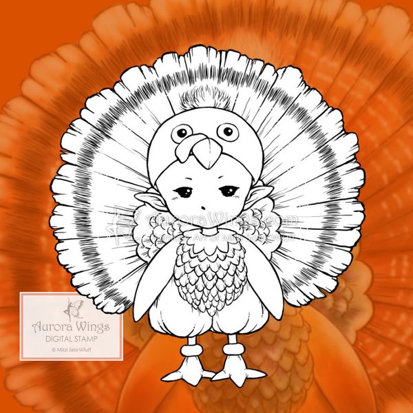 Digital Stamp JPG PNG - Happy Thanksgiving - Turkey Sprite - Cute Holiday Image - Fantasy Line Art for Cards & Crafts by Mitzi Sato-Wiuff