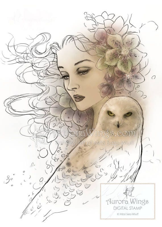 Digital Stamp - Winter Lullaby - Woman with Flowers and Snowy Owl - Line Art for Coloring