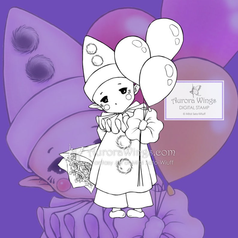 Happy Pierrot Sprite Aurora Wings Digital Stamp JPG and PNG Cute Clown with Balloons Line Art for Arts and Crafts by Mitzi Sato-Wiuff image 1