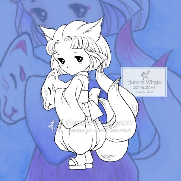 Kitsune Girl - Sprite - Adorable Japanese Fox Elf Fairy - Line Digi JPG PNG - Coloring Page - Fantasy Art of Mitzi Sato-Wiuff - Aurora Wings