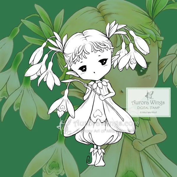 PNG JPG Snowdrops Sprite - Aurora Wings Digital Stamp - Fairy of Snowdrop Flowers - Fantasy Line Art for Arts and Crafts by Mitzi Sato-Wiuff