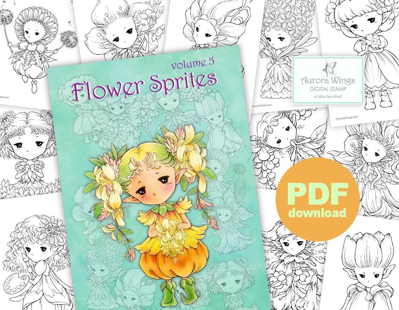 PDF Flower Sprites Coloring Book Vol. 5 12 Adorable Garden Fairy Elf Images to Color for All Ages Aurora Wings Art by Mitzi Sato-Wiuff image 1