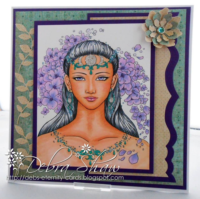 Digital Stamp Moon Goddess digistamp Elegant Divine Feminine with Flowers Fantasy Line Art for Cards & Crafts by Mitzi Sato-Wiuff image 5