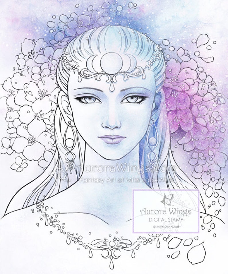 Digital Stamp Moon Goddess digistamp Elegant Divine Feminine with Flowers Fantasy Line Art for Cards & Crafts by Mitzi Sato-Wiuff image 1