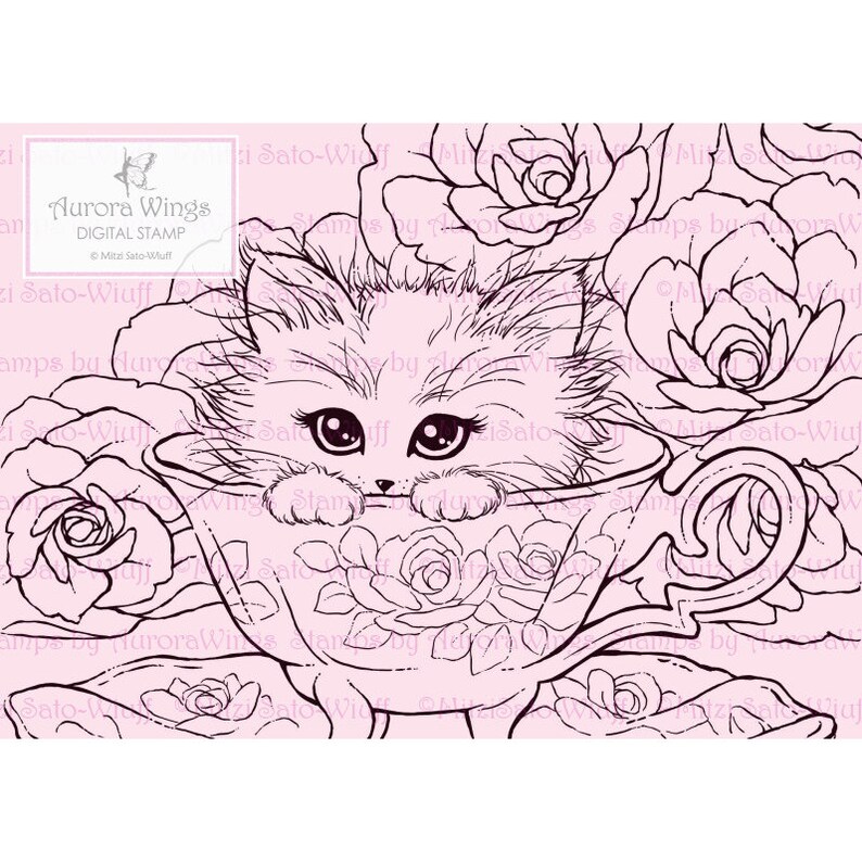 Kitten in a Teacup Digital Stamp Coloring Page Kitty Cat Etsy