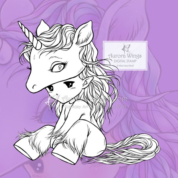 Unicorn Sprite PNG JPG - Aurora Wings Digital Stamp - Little Elf in Unicorn Costume - Cute Line Art for Arts and Crafts by Mitzi Sato-Wiuff