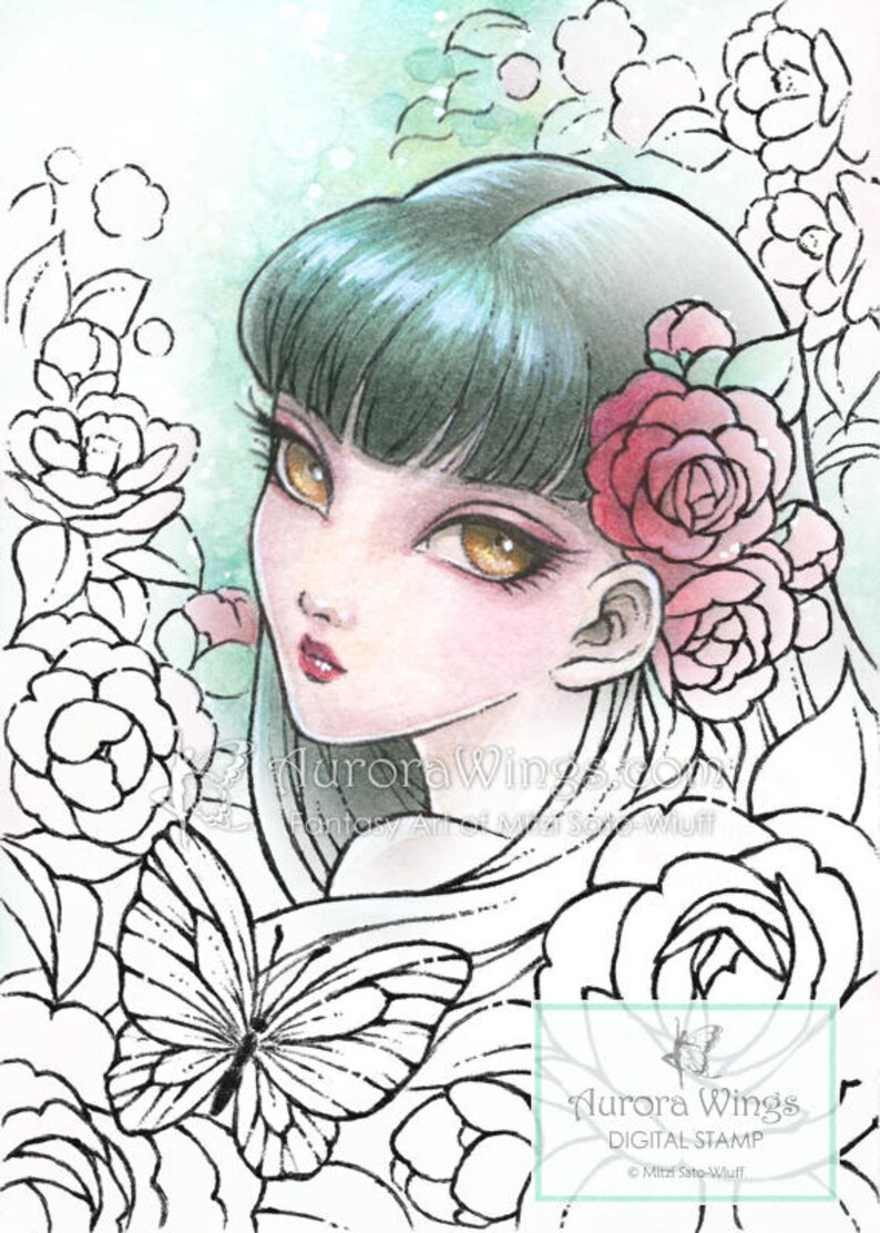 Digital Stamp Camellia Spirit Instant Download Big Eye Fairy with Camellia Fantasy Line Art for Cards & Crafts by Mitzi Sato-Wiuff image 1