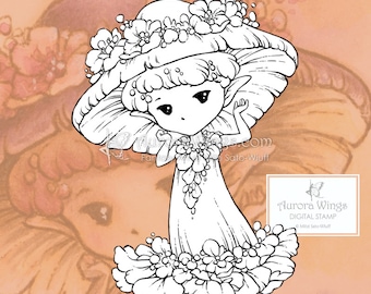 Digital Stamp PNG JPG - Mushroom Flower Sprite - Whimsical Mushroom Fae - digi - Fantasy Line Art for Cards & Crafts by Mitzi Sato-Wiuff