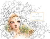 Digital Stamp - Diamonds - Spirit of Diamond w/ Roses, Lilies, and Sweet Peas - Fantasy Line Art for Cards & Crafts by Mitzi Sato-Wiuff