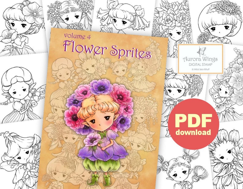 PDF Flower Sprites Coloring Book Volume 4 12 Whimsical Garden Plant Fairy Elf Images for All Ages Aurora Wings Art by Mitzi Sato-Wiuff image 1