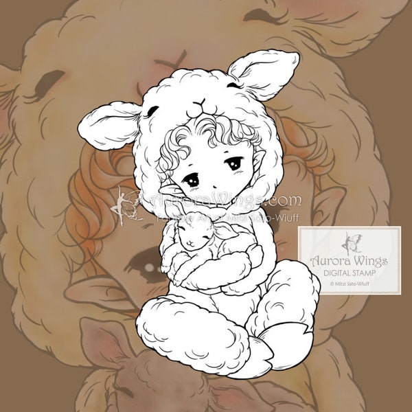 Little Lamb Sprite in JPG and PNG - Baby Sheep Elf - Easter Baby Animal Line Art - Digital Stamp - Coloring Page - Aurora Wings