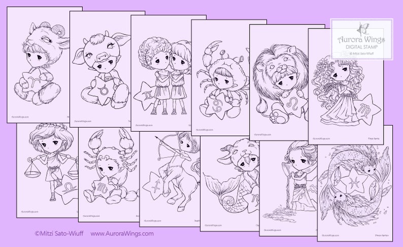 PDF Zodiac Sprites Coloring Book 12 Astrology Sign Elf Fairy Images to Color for All Ages Aurora Wings Art by Mitzi Sato-Wiuff image 2