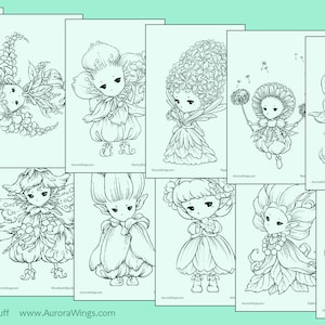 PDF Flower Sprites Coloring Book Vol. 5 12 Adorable Garden Fairy Elf Images to Color for All Ages Aurora Wings Art by Mitzi Sato-Wiuff image 2