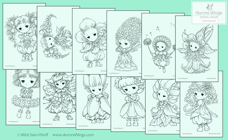 PDF Flower Sprites Coloring Book Vol. 5 12 Adorable Garden Fairy Elf Images to Color for All Ages Aurora Wings Art by Mitzi Sato-Wiuff image 2