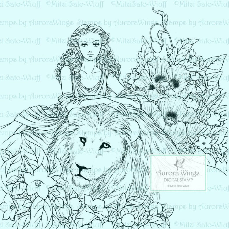 Digital Stamp Instant Download Greek Mythology Circe Lounging with Lion and Flowers digistamp Fantasy Line Art for Cards & Crafts image 2