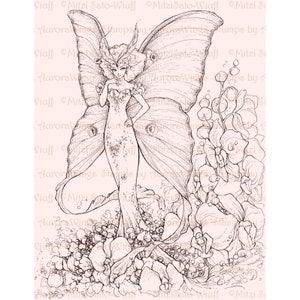 PDF Adult Coloring Page Bundle Wings Collection vol. 2 6 Beautiful Fantasy Faries & Angels Line Art for Coloring by Mitzi Sato-Wiuff image 5