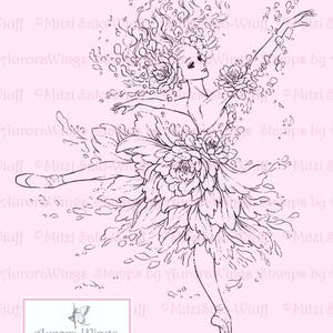 Digital Stamp Ballet Flower Ballerina Graceful Dancer in Floral Costume and Pointe Shoes Fantasy Line Art for Cards & Crafts image 2