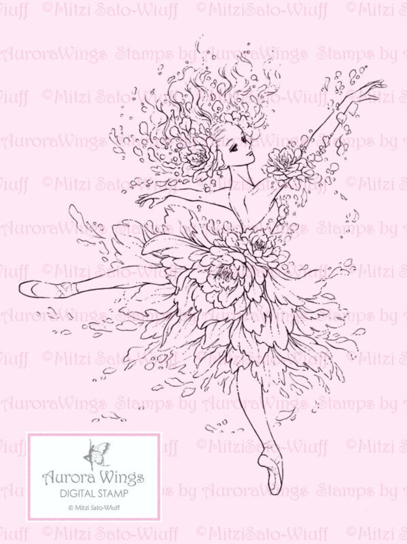 Digital Stamp Ballet Flower Ballerina Graceful Dancer in Floral Costume and Pointe Shoes Fantasy Line Art for Cards & Crafts image 2